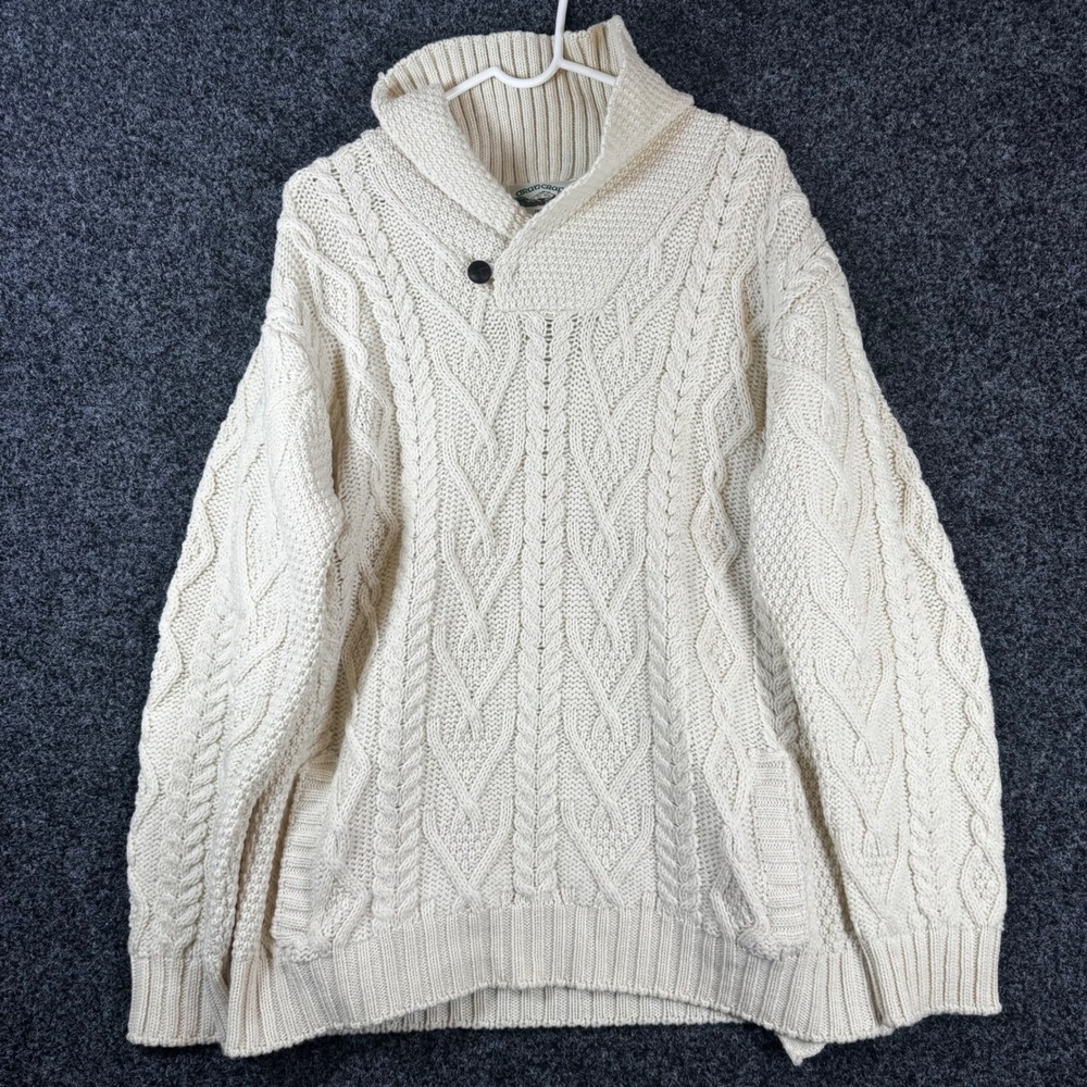 Aran Crafts Ireland Merino Wool Cable Knit Shawl Collar Sweater Cream Mens L